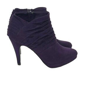 Coach and Four Ruched Purple High-Heel Booties Ankle Boots Faux-Suede Sz. 8